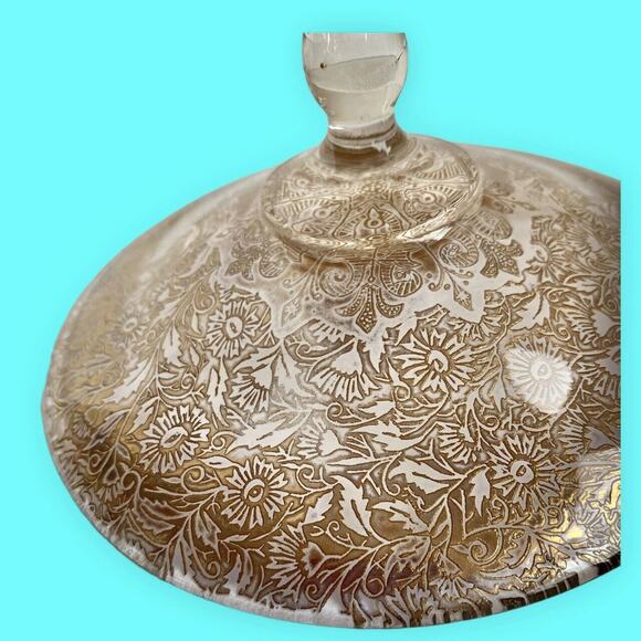 Vintage Ornate Gold Filigree Footed Dish with Crystal Stem on Gold Filigree Base - Picture 5 of 11